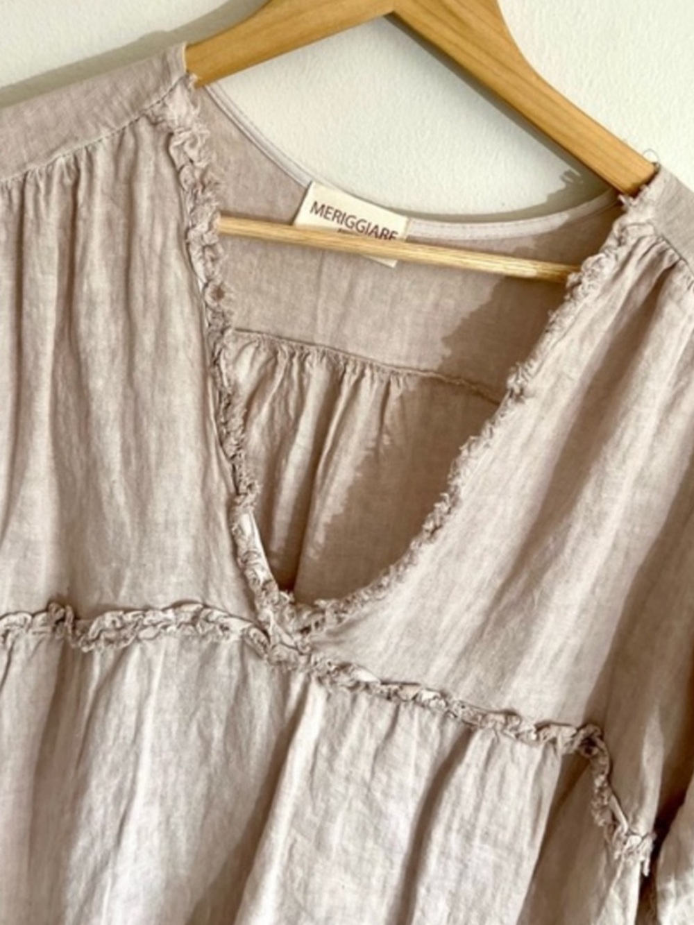 Relaxed Linen V-Neck Raw Tiered Tunic  Babydoll Dress in Neutral Sand Beige L - Picture 3 of 5